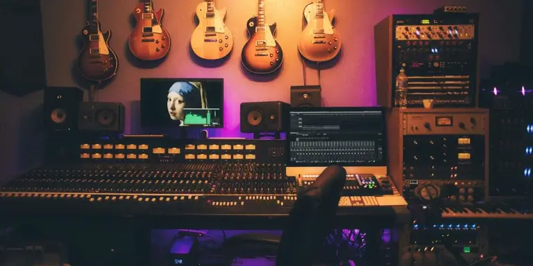 A professional recording studio desk with a large mixing console, dual monitors, rack gear, and five electric guitars hanging on the wall.