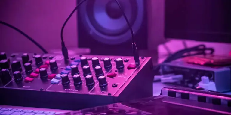 A close-up of a desktop synthesizer with knobs, switches, and patch cables, set against a background with a studio monitor speaker in purple lighting.